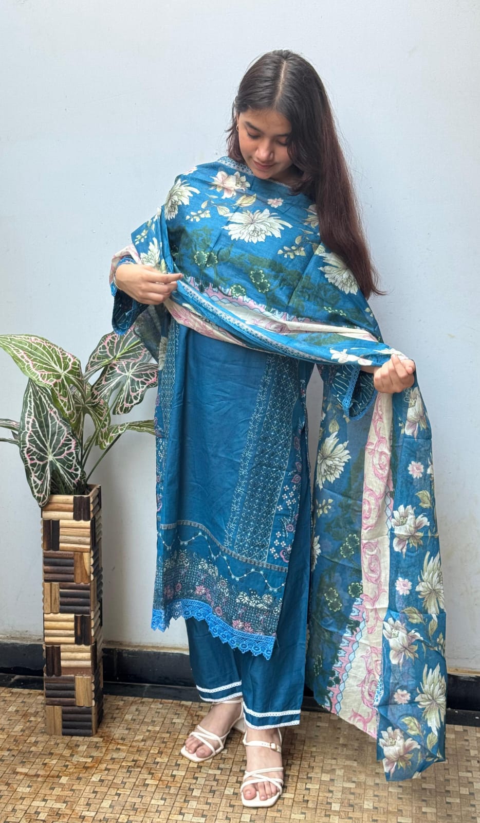Blue Digital Print Cotton Kurti Pant Dupatta Set