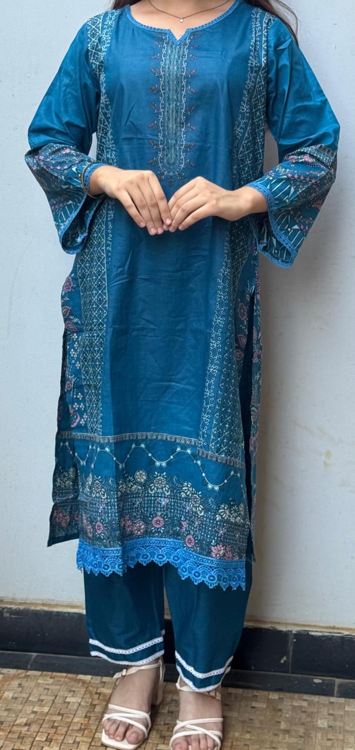 Blue Digital Print Cotton Kurti Pant Dupatta Set