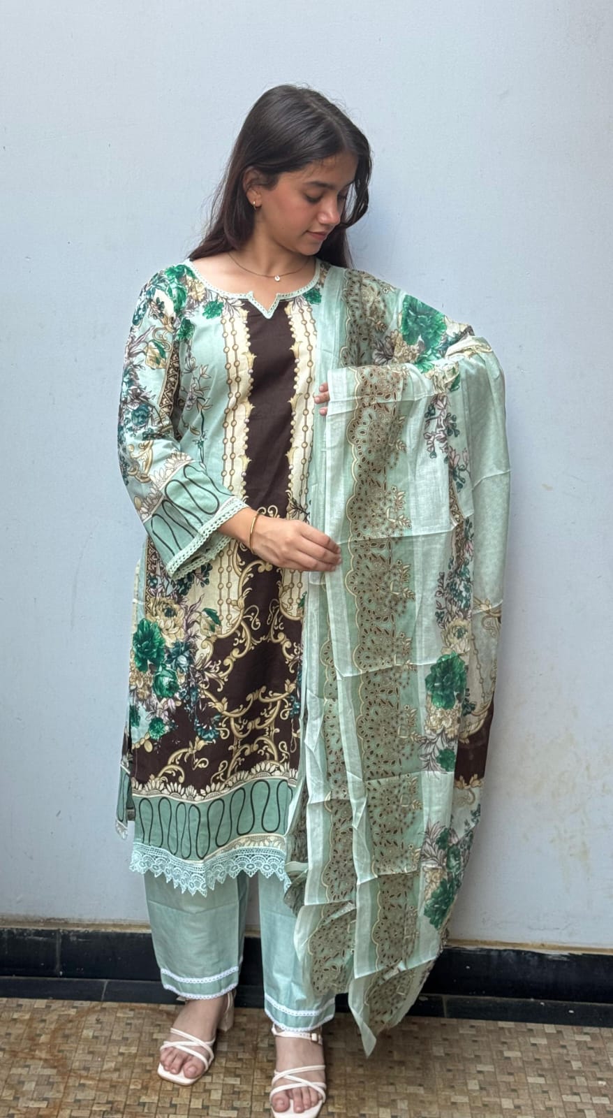 Soft Pistachio Green with Multicolor Floral Digital Print kurti pant dupatta set