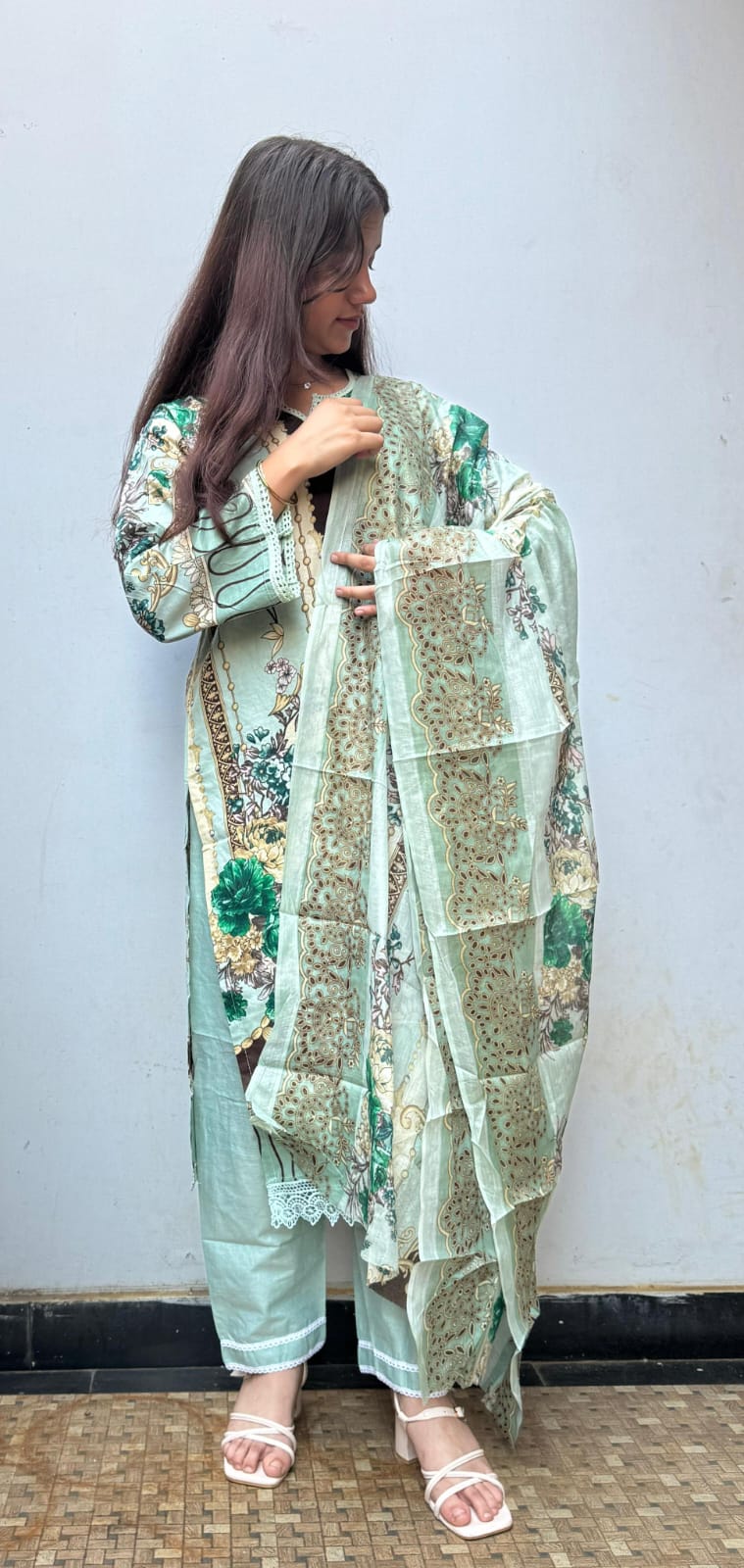Soft Pistachio Green with Multicolor Floral Digital Print kurti pant dupatta set