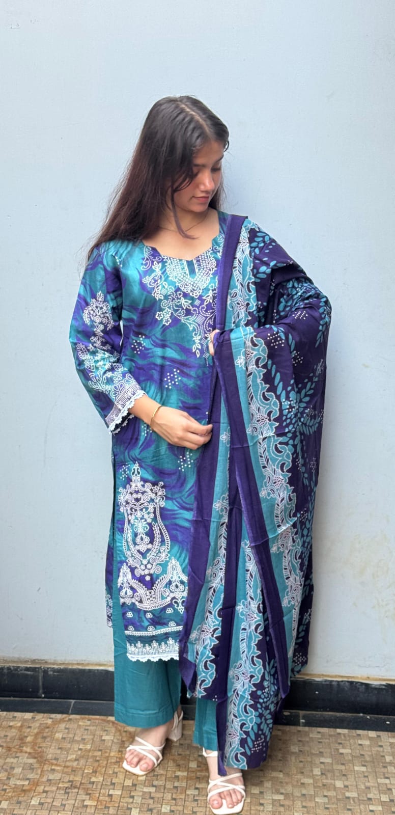 Peacock Grace Digital Printed Cotton Kurti Pant Dupatta Set