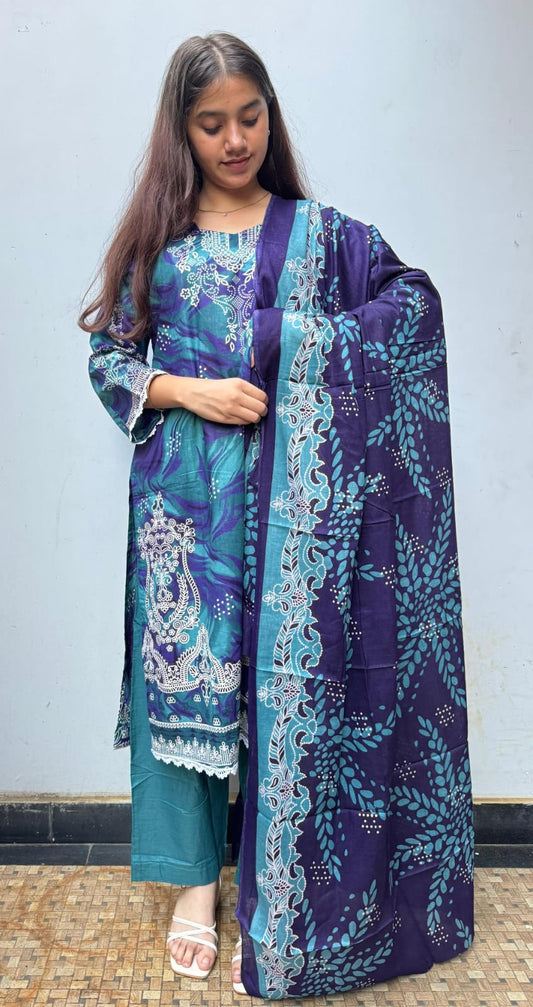 Peacock Grace Digital Printed Cotton Kurti Pant Dupatta Set