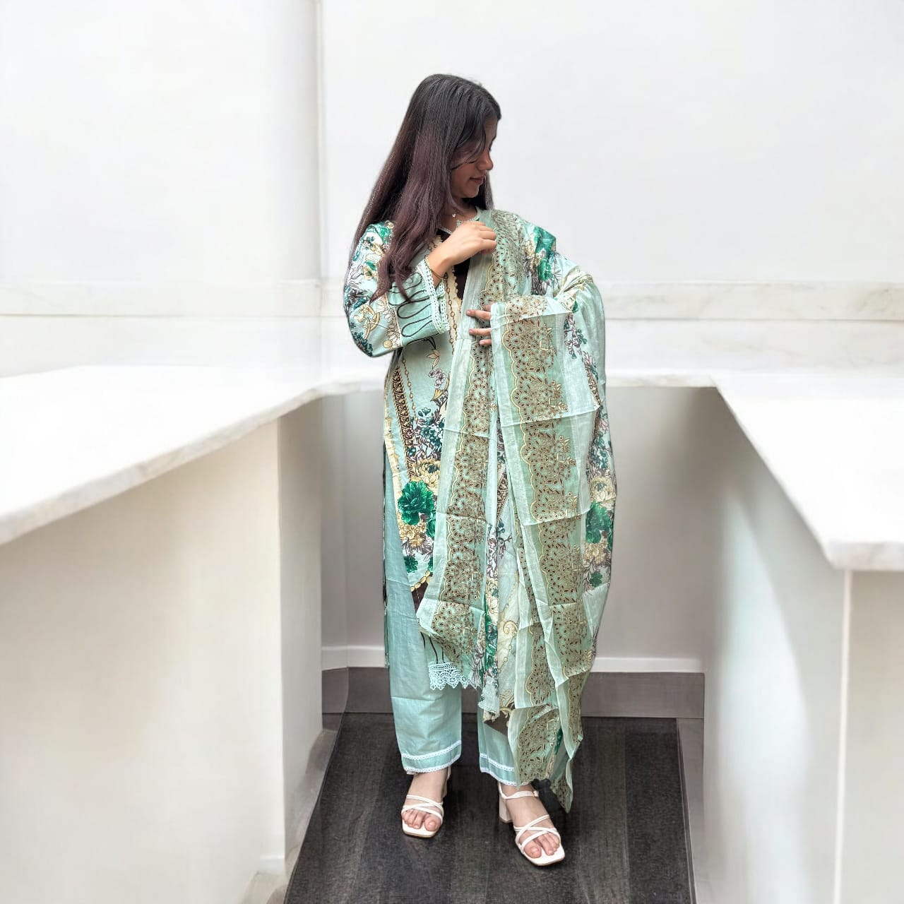 Soft Pistachio Green with Multicolor Floral Digital Print kurti pant dupatta set
