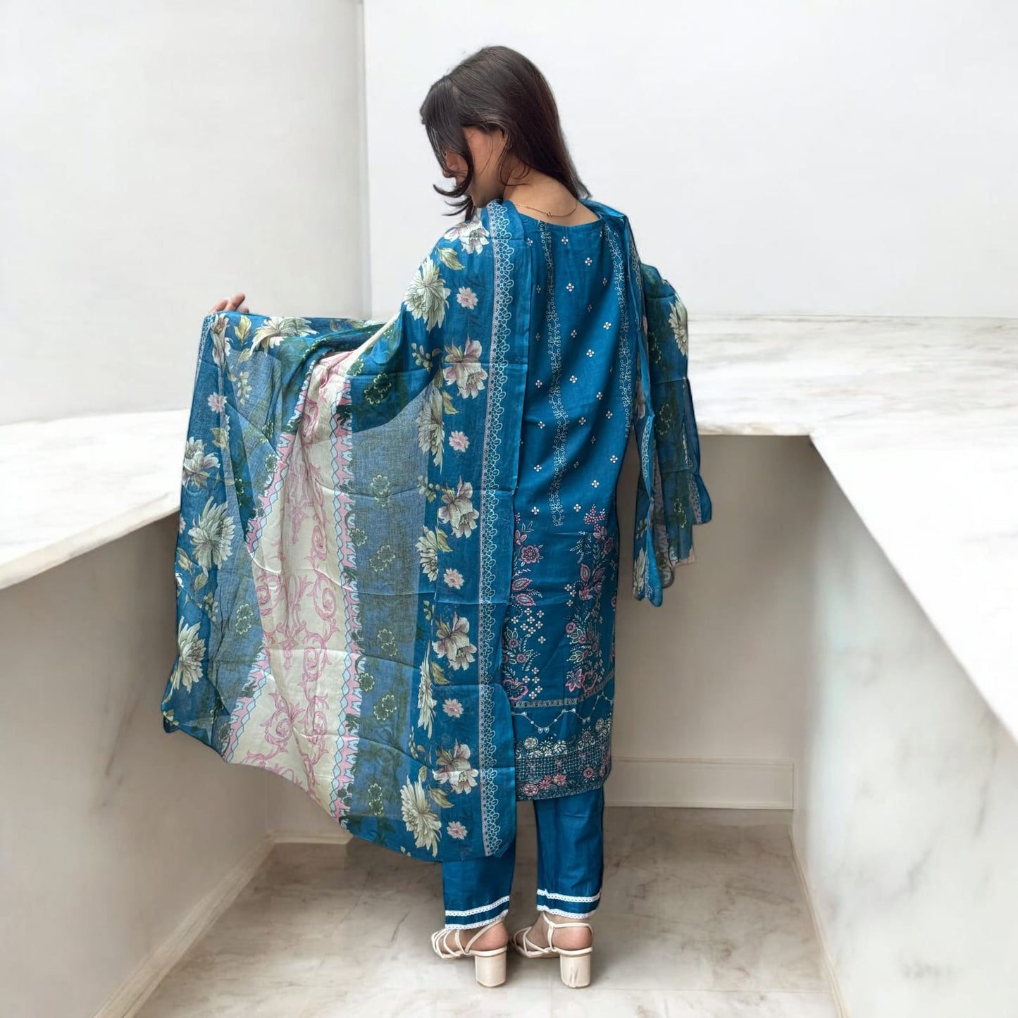 Blue Digital Print Cotton Kurti Pant Dupatta Set