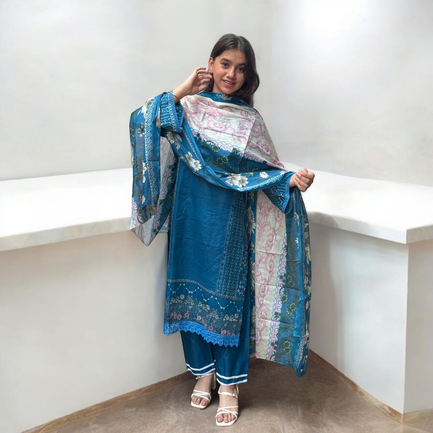Blue Digital Print Cotton Kurti Pant Dupatta Set