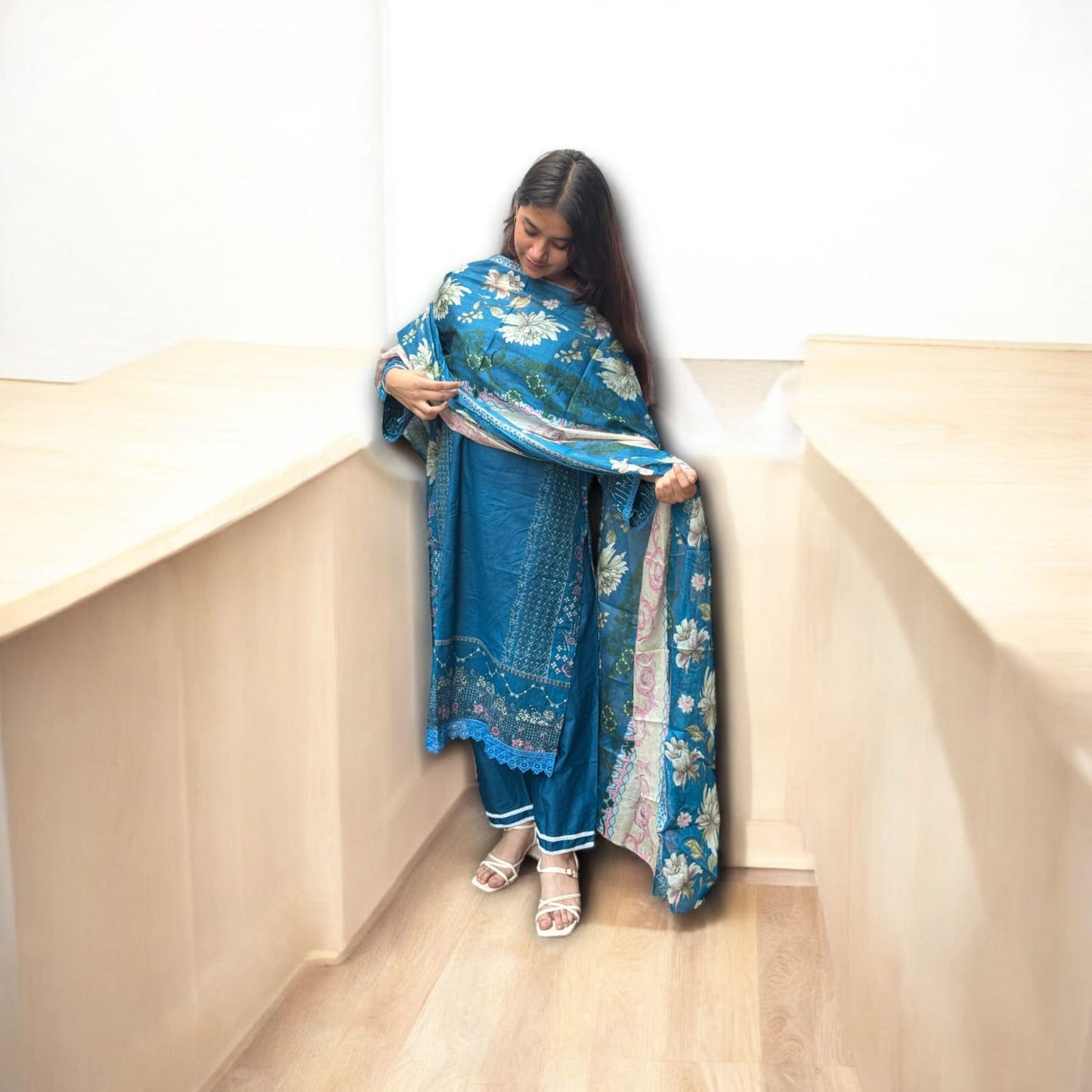 Blue Digital Print Cotton Kurti Pant Dupatta Set