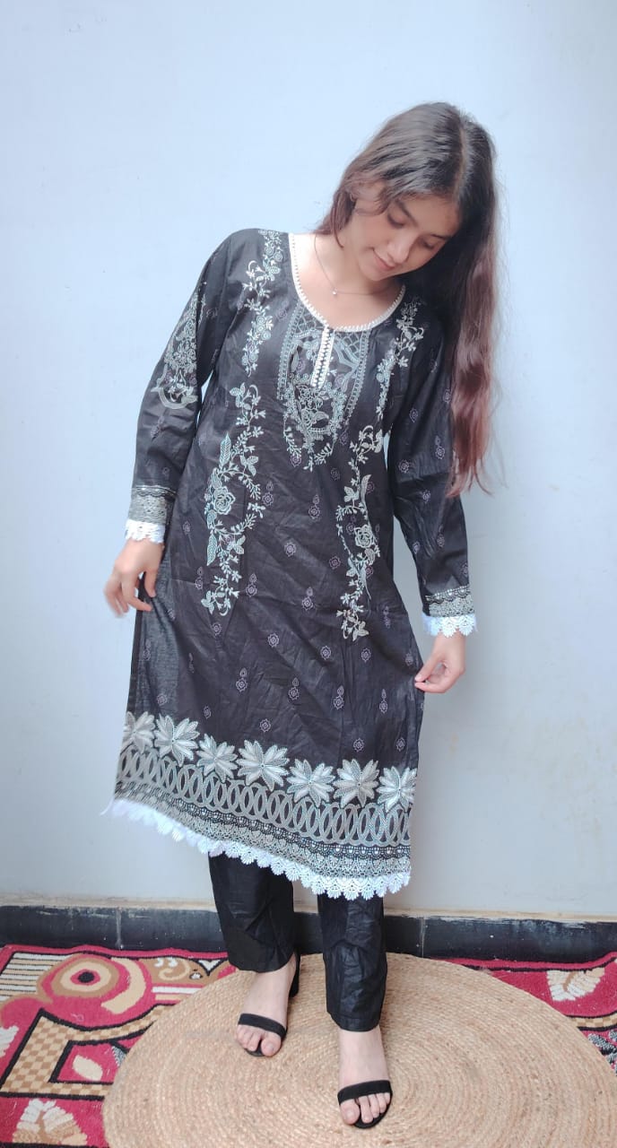 Black white Digital Print Kurti Pant Dupatta Set
