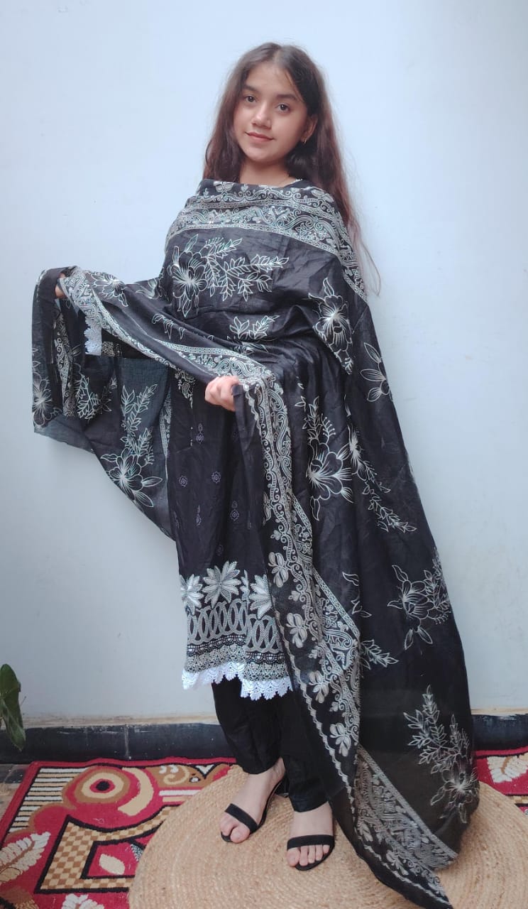 Black white Digital Print Kurti Pant Dupatta Set