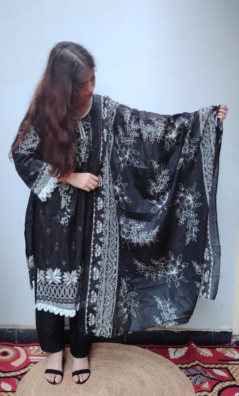 Black white Digital Print Kurti Pant Dupatta Set