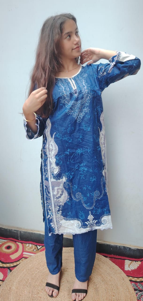 Blue Digital Print Kurti Pant Dupatta Set,