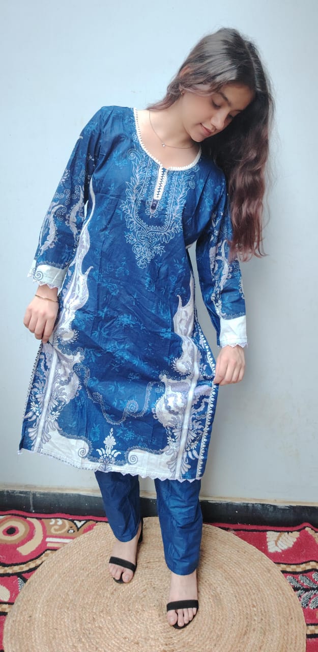 Blue Digital Print Kurti Pant Dupatta Set,