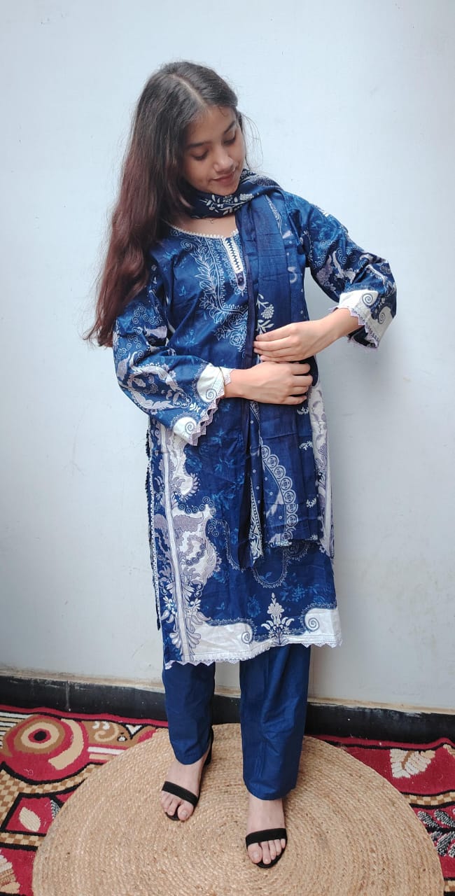 Blue Digital Print Kurti Pant Dupatta Set,