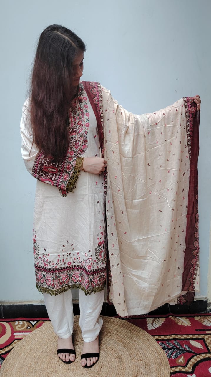 Cream Red Digital Print Kurti Pant Dupatta Set,