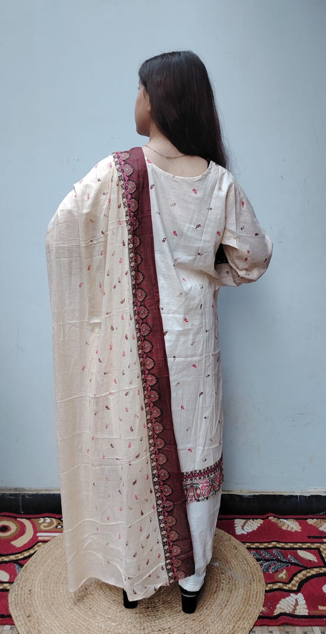 Cream Red Digital Print Kurti Pant Dupatta Set,