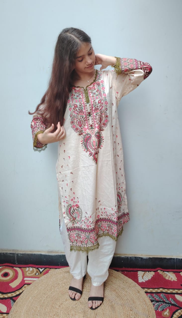 Cream Red Digital Print Kurti Pant Dupatta Set,