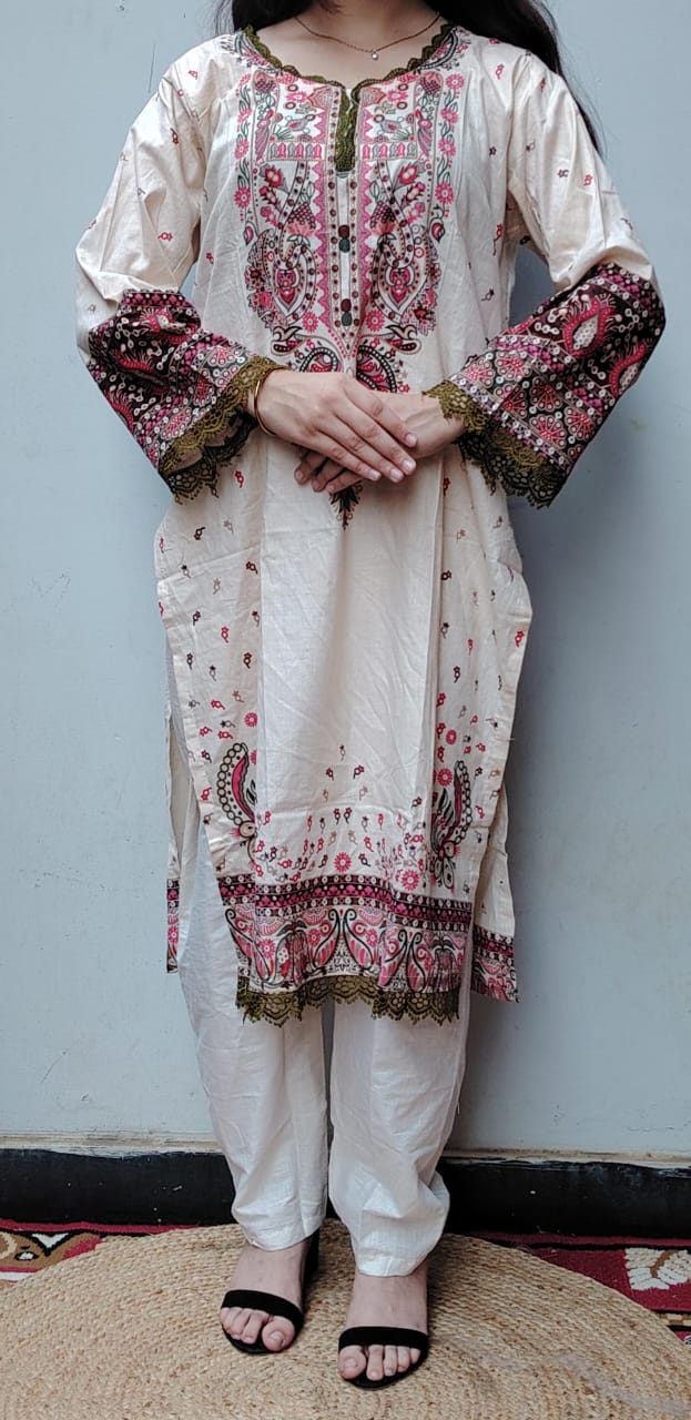 Cream Red Digital Print Kurti Pant Dupatta Set,