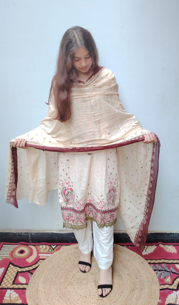 Cream Red Digital Print Kurti Pant Dupatta Set,