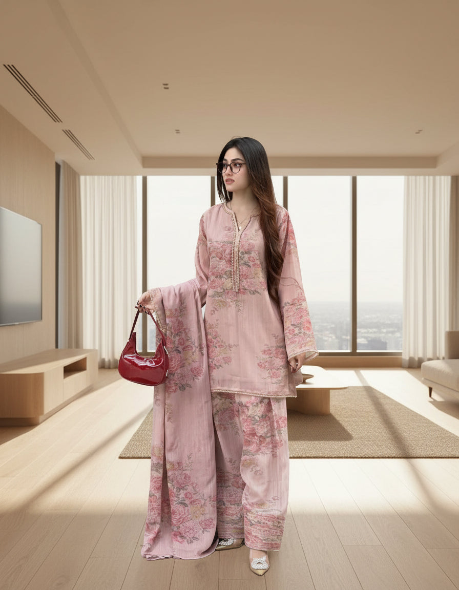 Pink Floral Georgette Farsi Salwar Dupatta Set