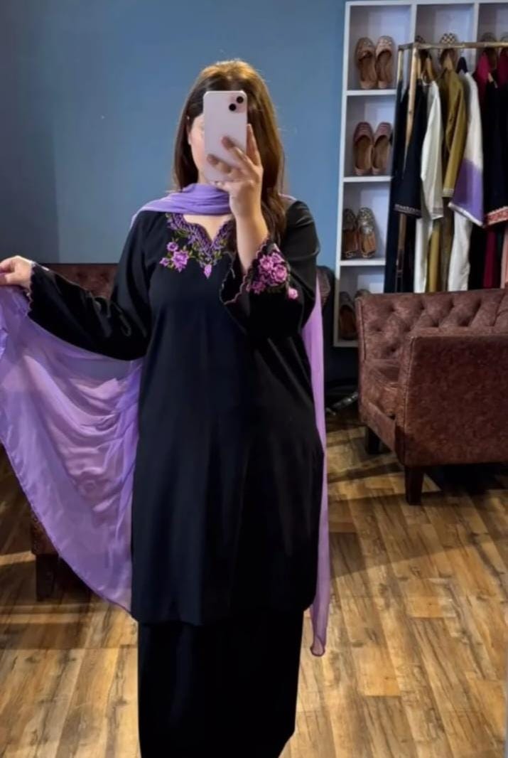 Black Embroidered Kurti with Farsi Salwar & Dupatta set
