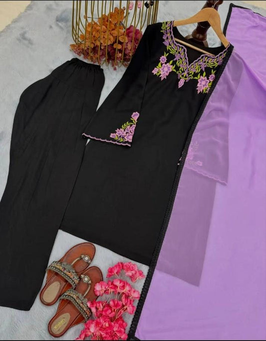 Black Embroidered Kurti with Farsi Salwar & Dupatta set