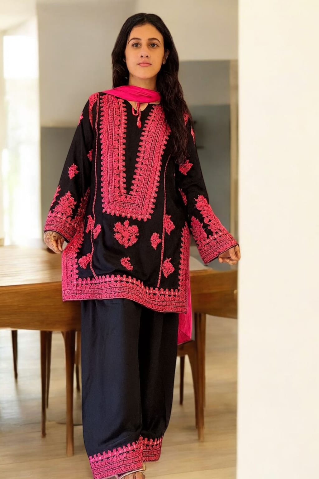 Black Pink Heavy Embroidered Farsi Salwar Dupatta Set