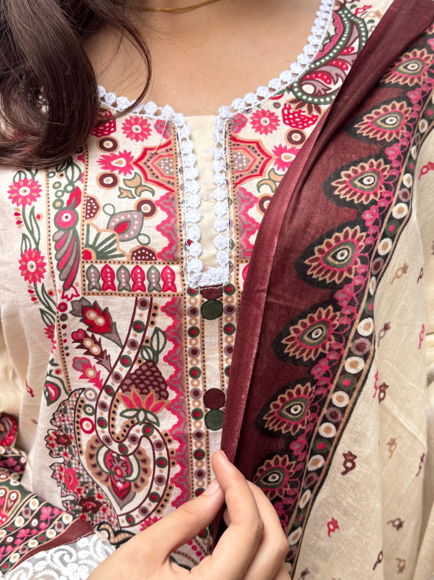 Cream Red cotton lawn Kurti Set,