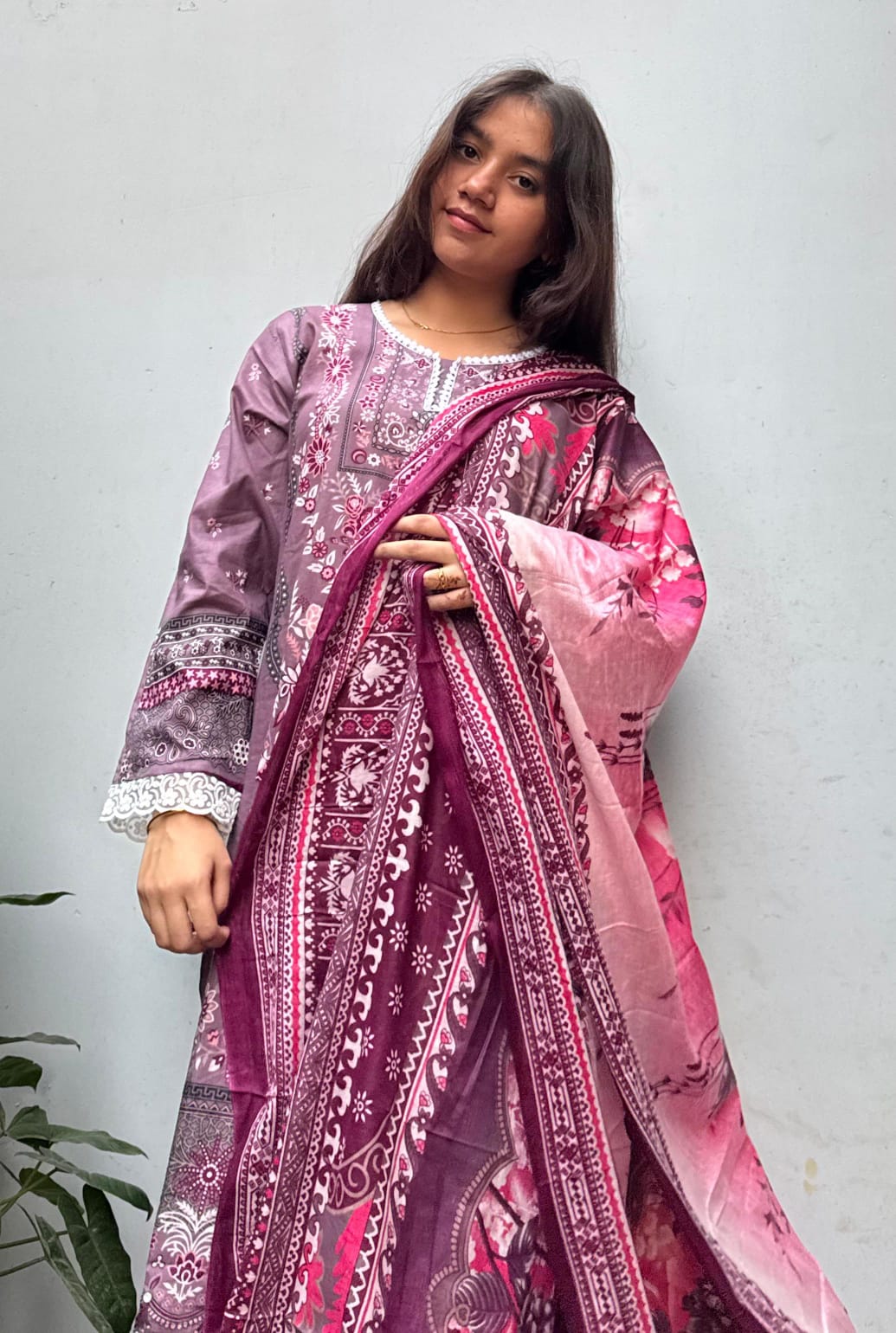 Wine Purple Digital Print Kurti Pant Dupatta Set