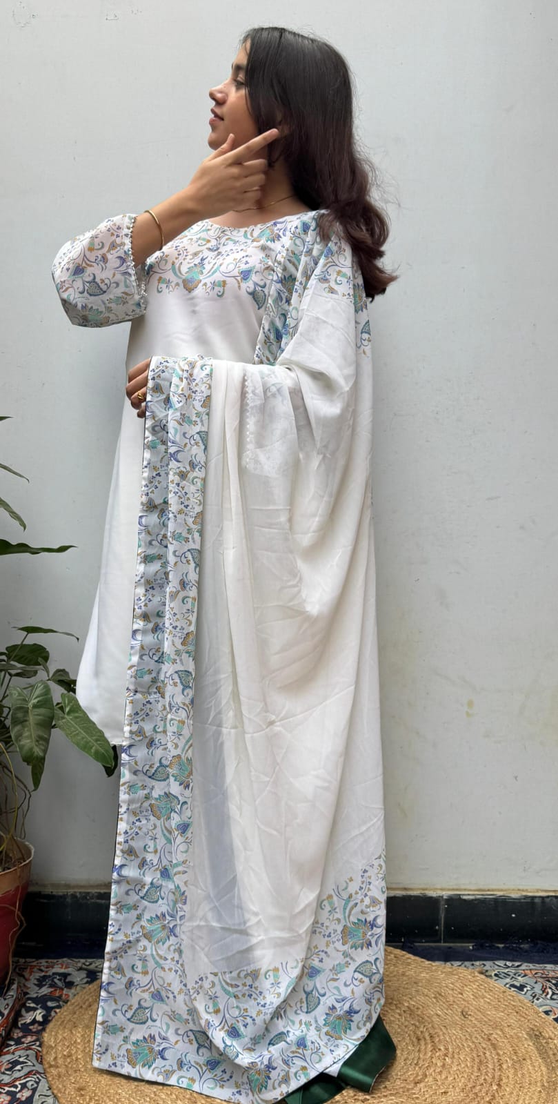 White Blue Printed Georgette Farsi Salwar Suit Dupatta Set