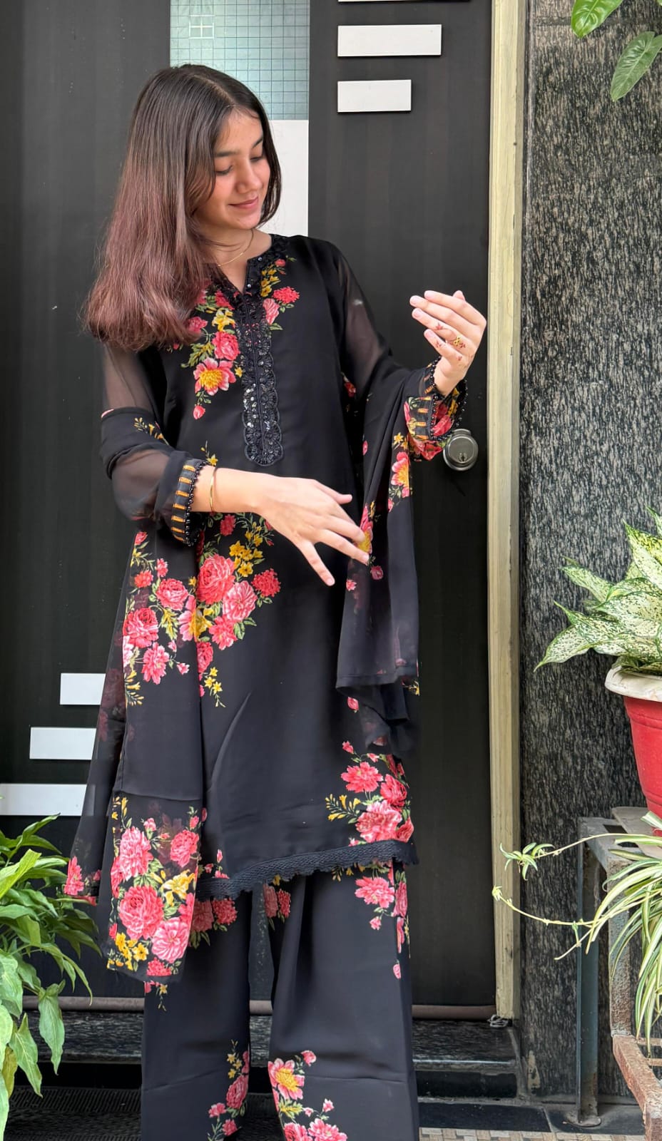 Black Floral Georgette Farsi Salwar suit Dupatta Set