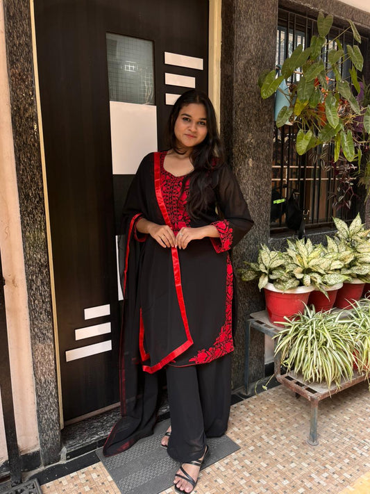 Saiyaara Red & Black Embroidery Kurti Pant Dupatta Set