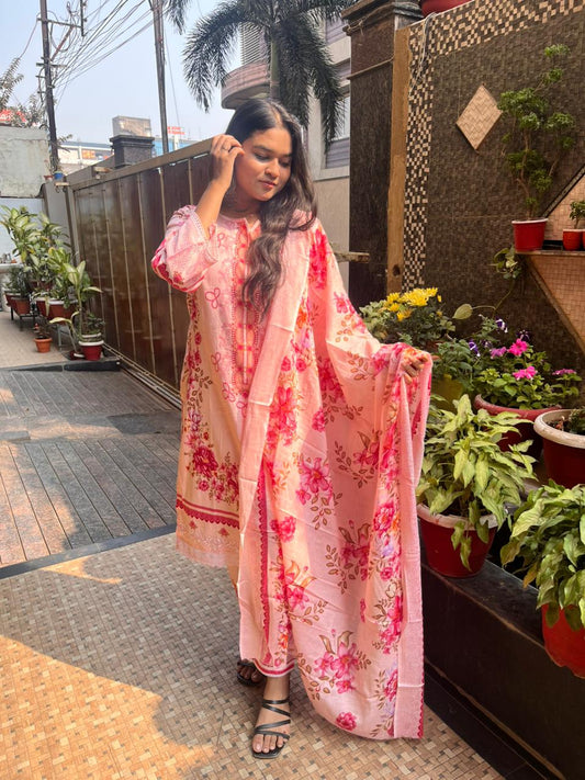 pink pakistani Floral cotton kurti set