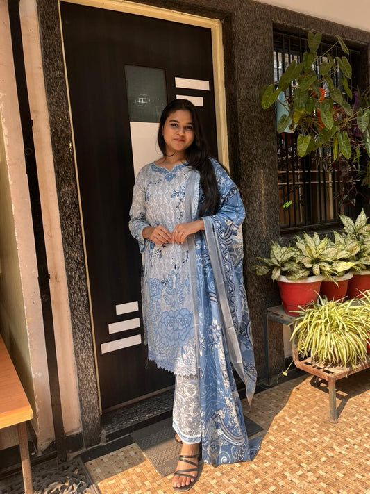 Steel Blue Floral Cotton Printed Suit Set