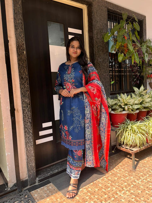 Royal Blue Cotton lawn Printed Suit Set
