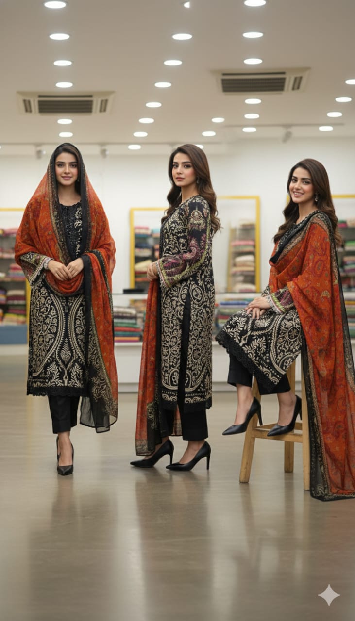 Black Embroidered Floral Lawn Suit