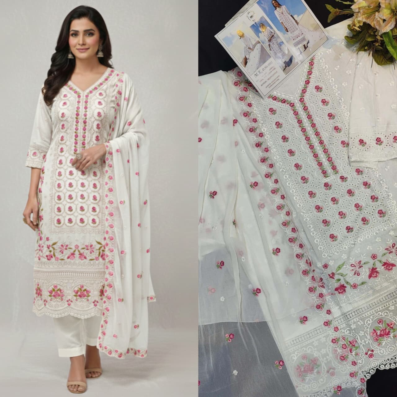White Chikankari Work Unstitched Suit Set πΈ
