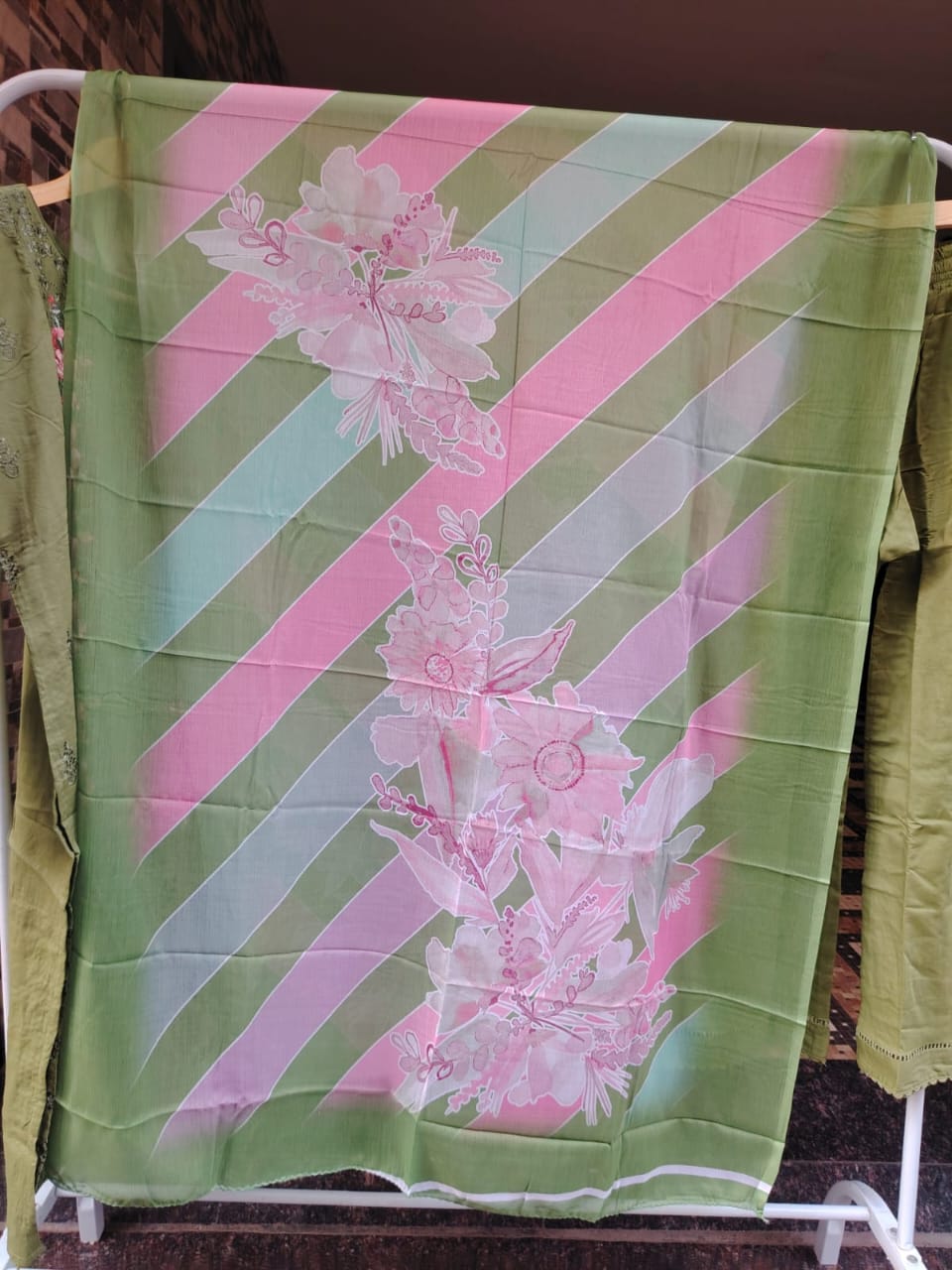 Olive Green Embroidered Kurti Pant Set with Dupatta