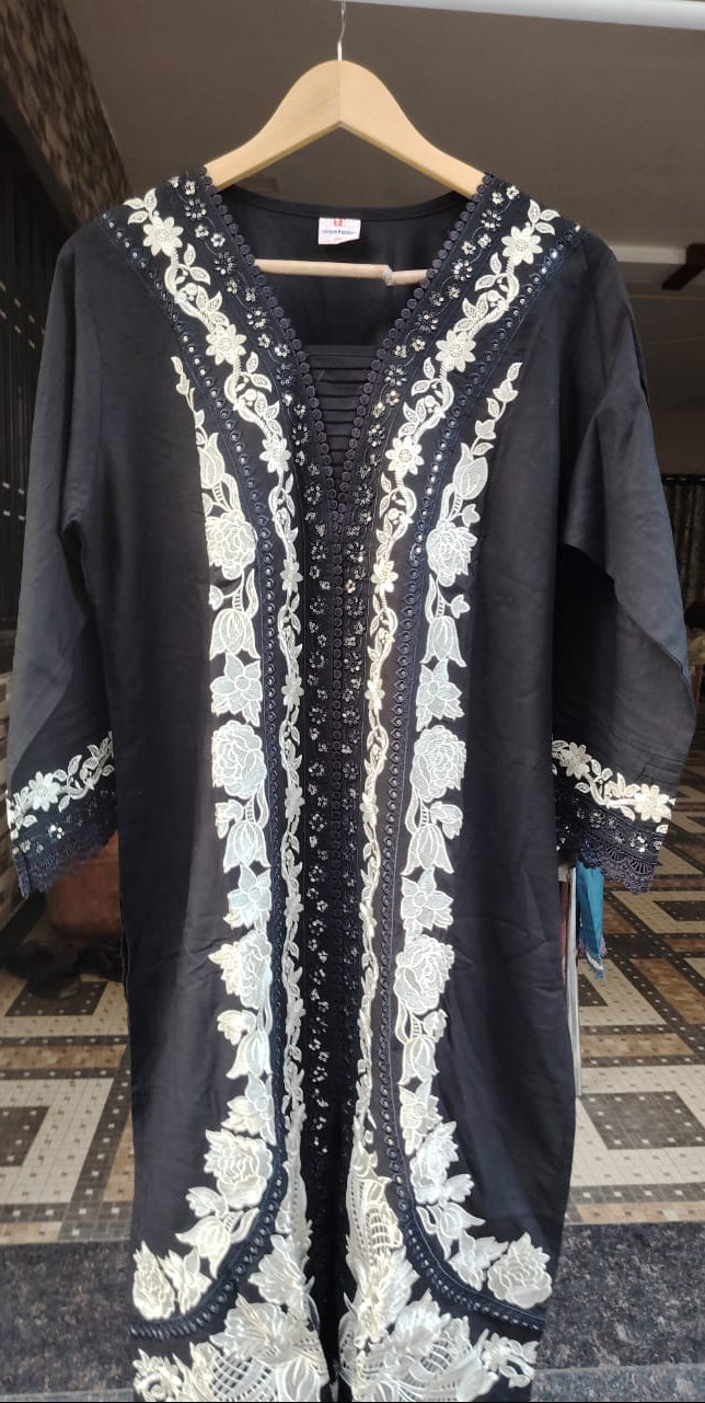 Black Embroidered Kurti Pant Set with Dupatta