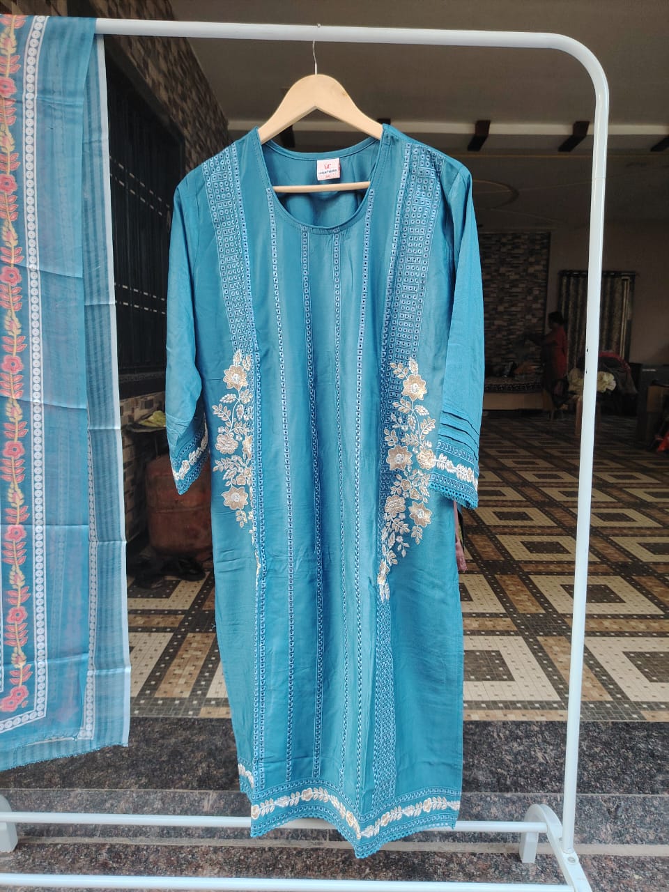 Embroidered Kurti Pant Set with Floral Dupatta