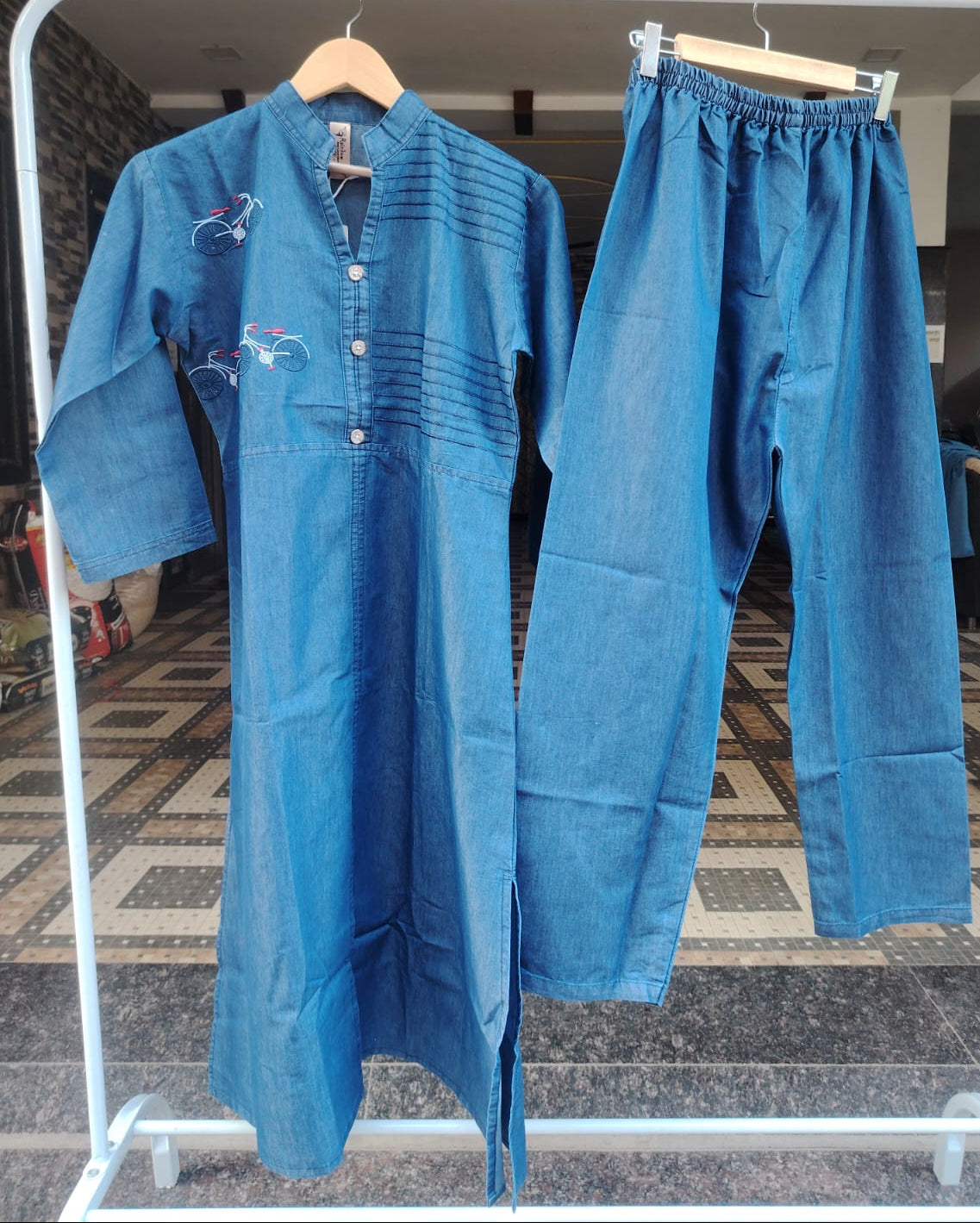 Blue Denim Kurti Pant Set for Women