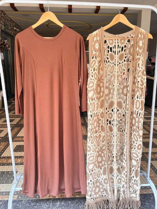 Maxi Dress with Boho Crochet Long Shrug