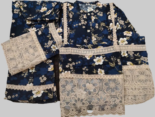 Navy Blue Floral Printed Kurti Pant Set