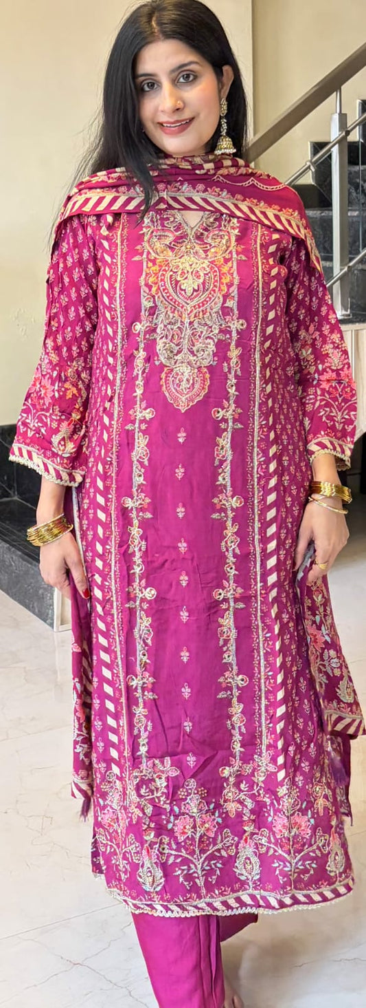 Magenta Embroidered Kurta Pant Set