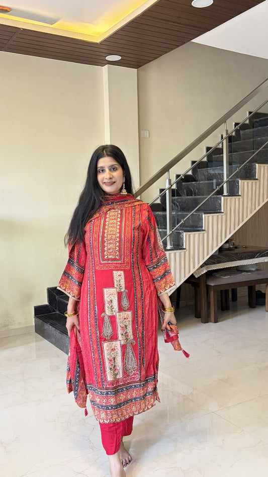 Red Traditional Kurta Pant Set with Dupatta