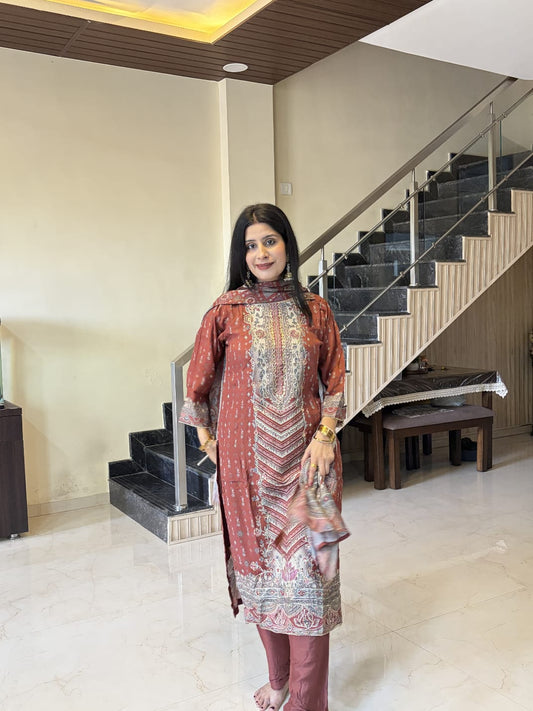 Maroon Printed Kurta Pant Set with Dupatta