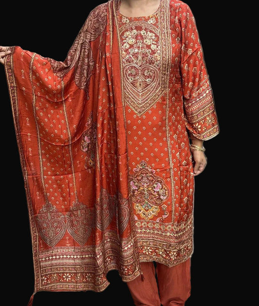 Rust Orange Premium Muslin Suit Set for Women