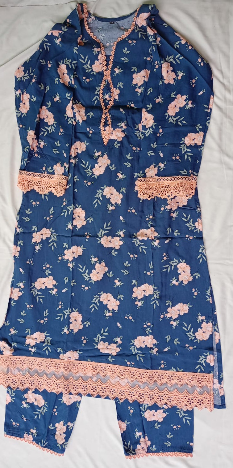 Blue Printed Kurti Pant Set