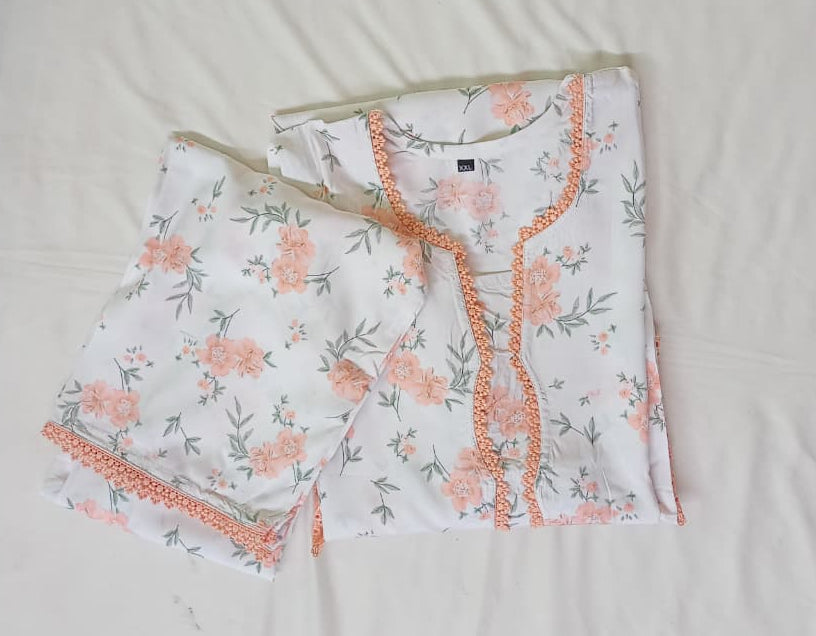 Cream Printed Kurti Pant Set