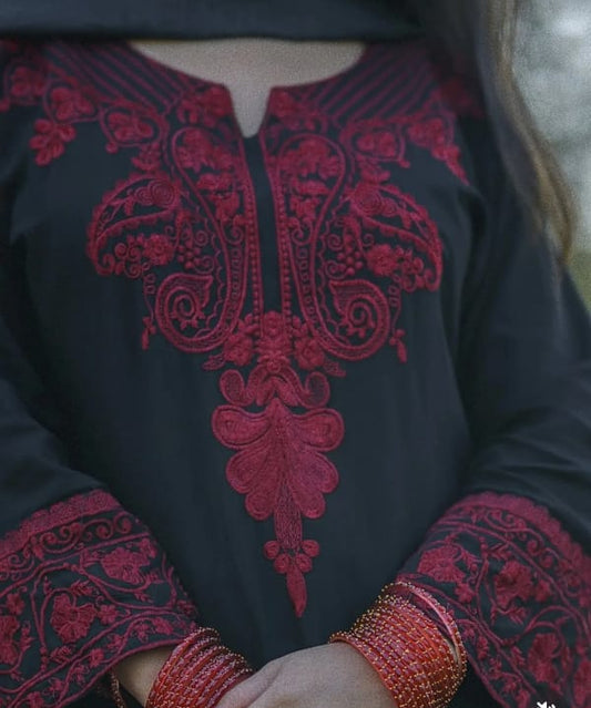 Black Red Embroidered Farshi Kurta Set with Floral Dupatta
