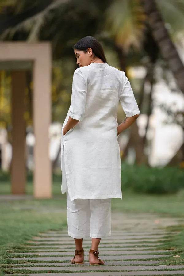 White khadi cotton kurti pant cord set for working women - CandiRobes