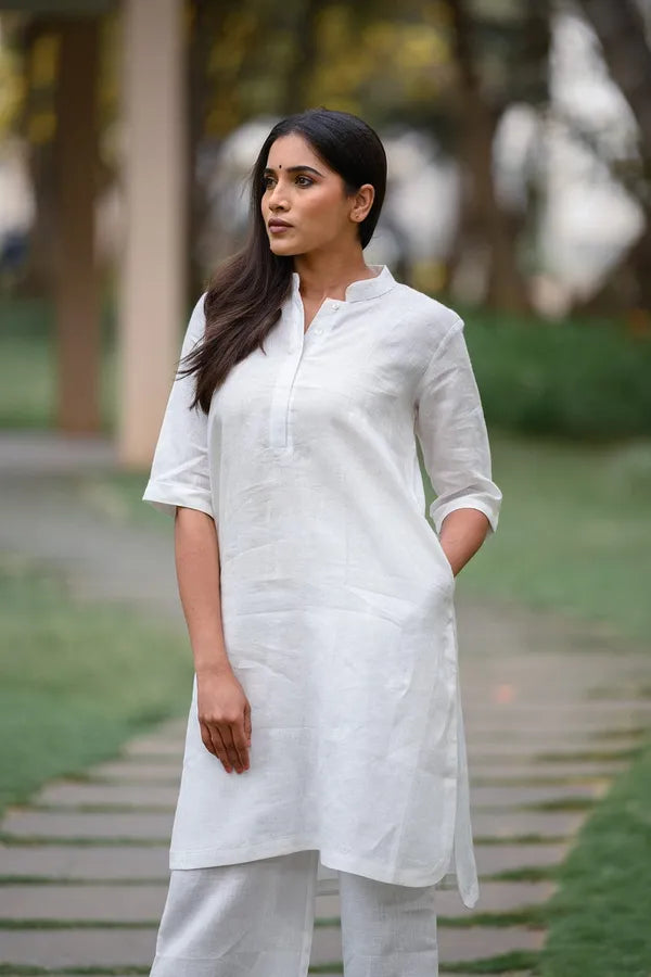 White khadi cotton kurti pant cord set for working women